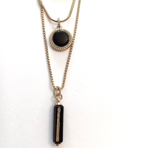 WHBM Gold Tone 3 Necklace In One Black Stone Pendants With Rhinestones NWT NEW - Picture 4 of 6